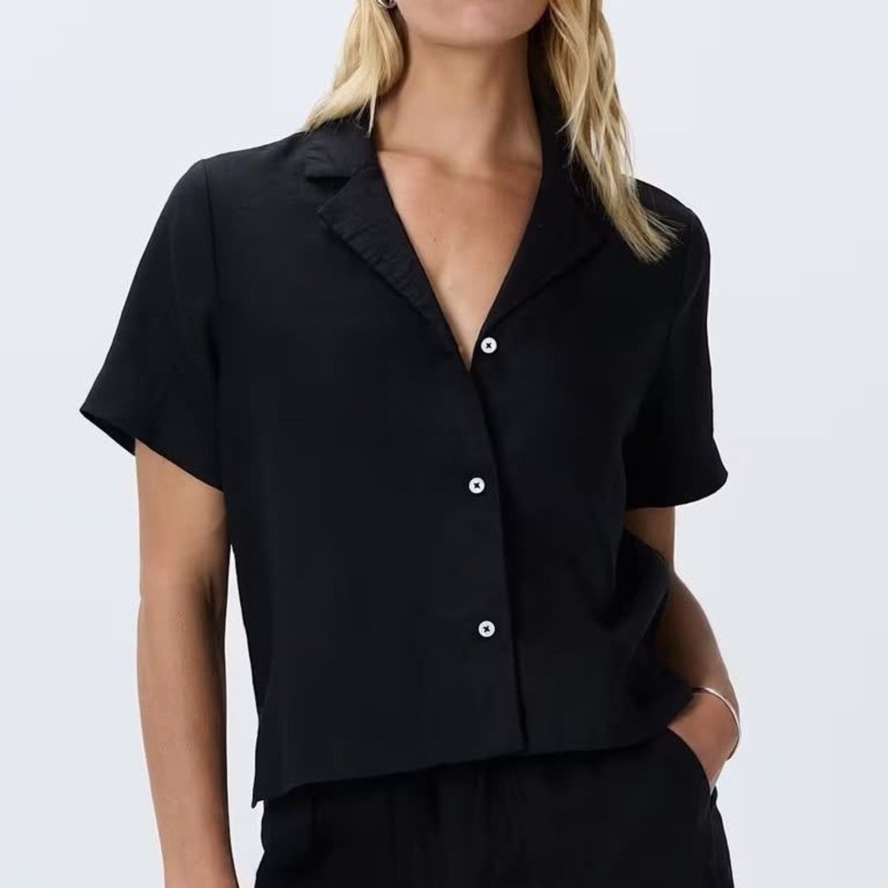 Quince 100% European Linen Short Sleeve Shirt Women S Minimalist Camp Crop Black